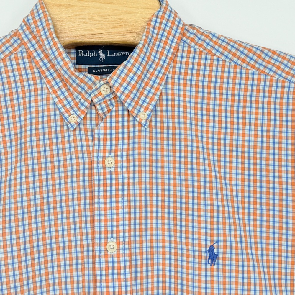 Ralph Lauren Shirt Mens XL Orange Blue Plaid Classic Fit Cotton Vintage 90s Pony